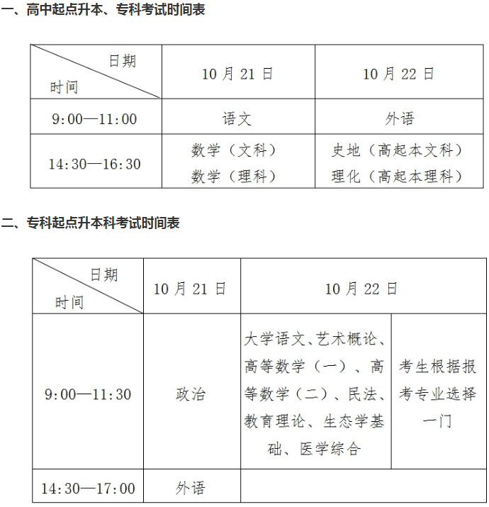 山東成人高考考試時間？
