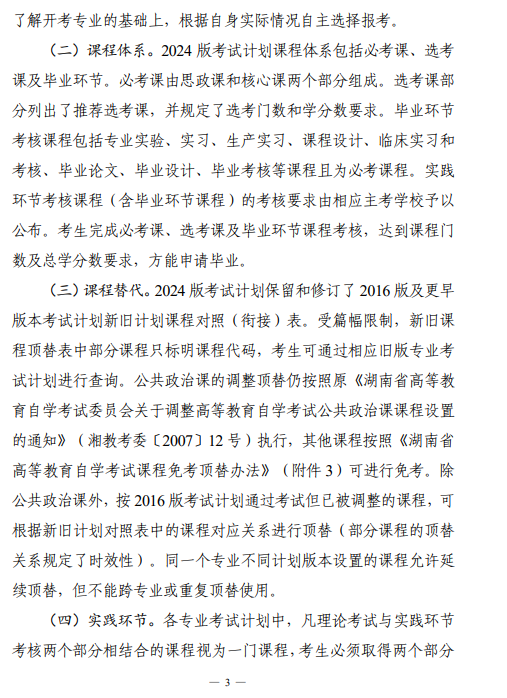關于印發(fā)湖南省高等教育自學考試專業(yè)考試計劃（2024年版）的通知
