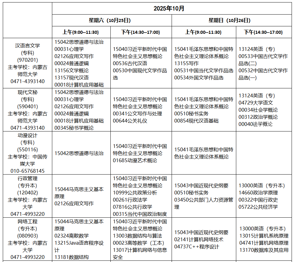 2025年10月內(nèi)蒙古自學(xué)考試考試安排