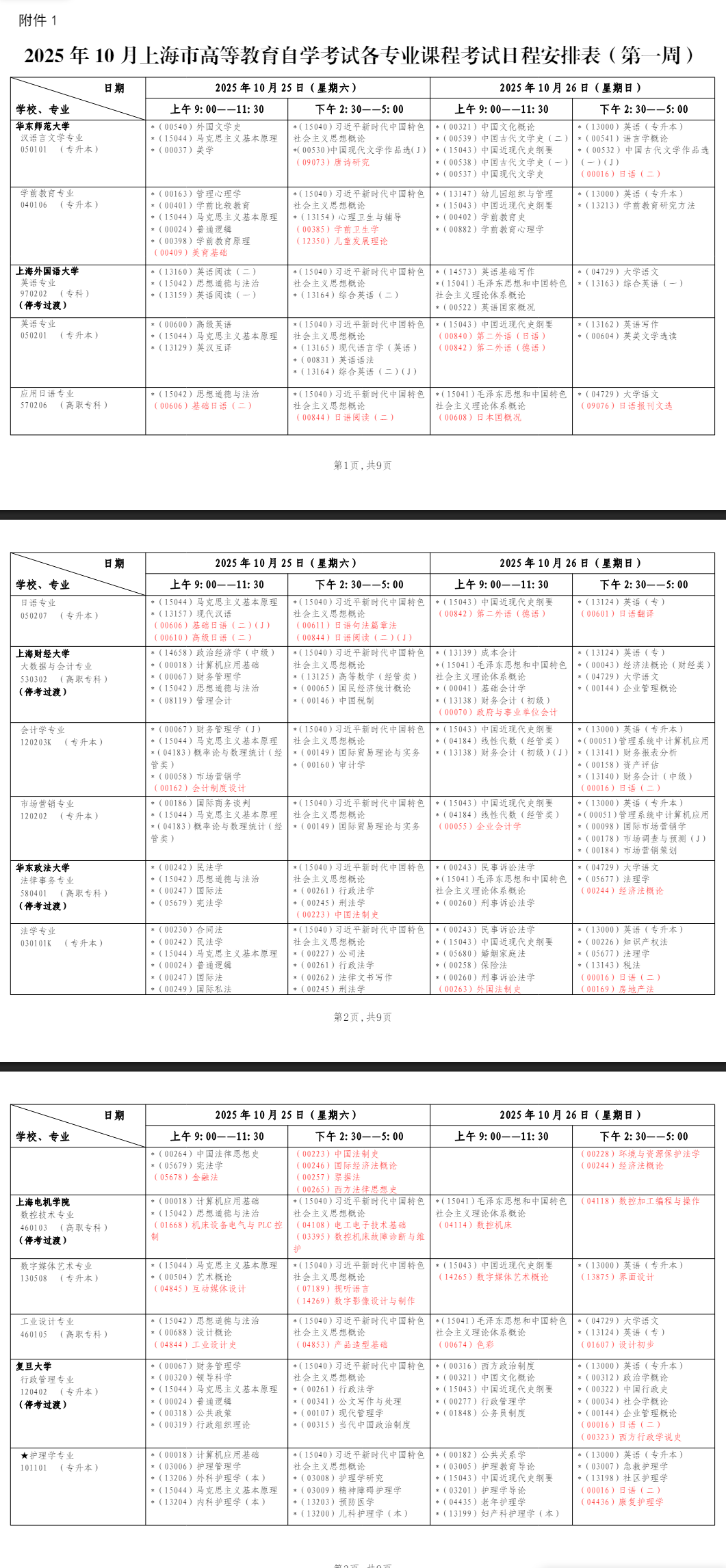 2025年10月上海市自學(xué)考試考試安排