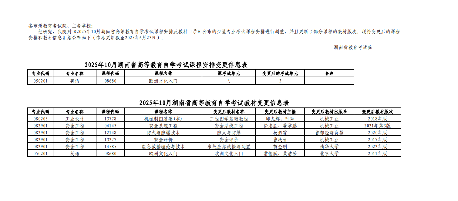 湖南省2025年10月高等教育自學(xué)考試課程安排和教材變更匯總表 湖南省2025年10月高等教育自學(xué)考試課程安排和教材變更匯總表