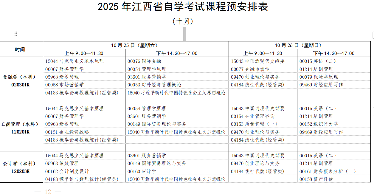 2025年10月江西省自學(xué)考試考試安排